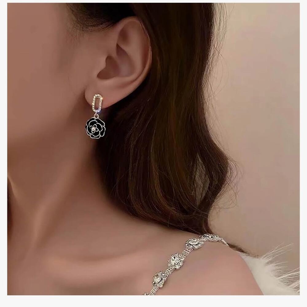 Designer Black Camellia Pearl Dangle Earrings - Picture 4 of 7